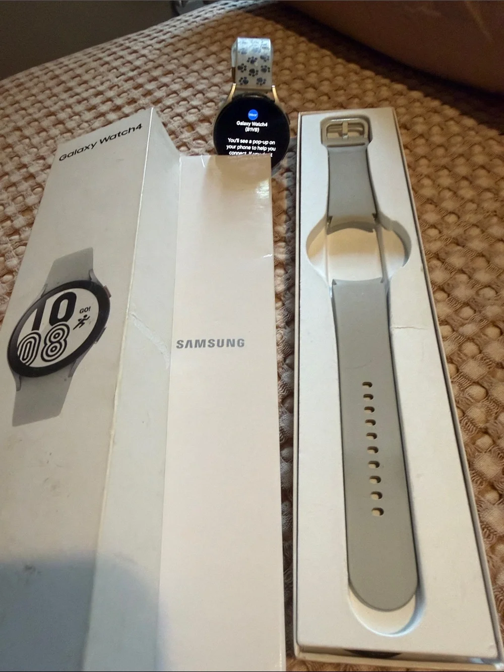 Samsung Silver Smartwatch with White Paw-Print Band